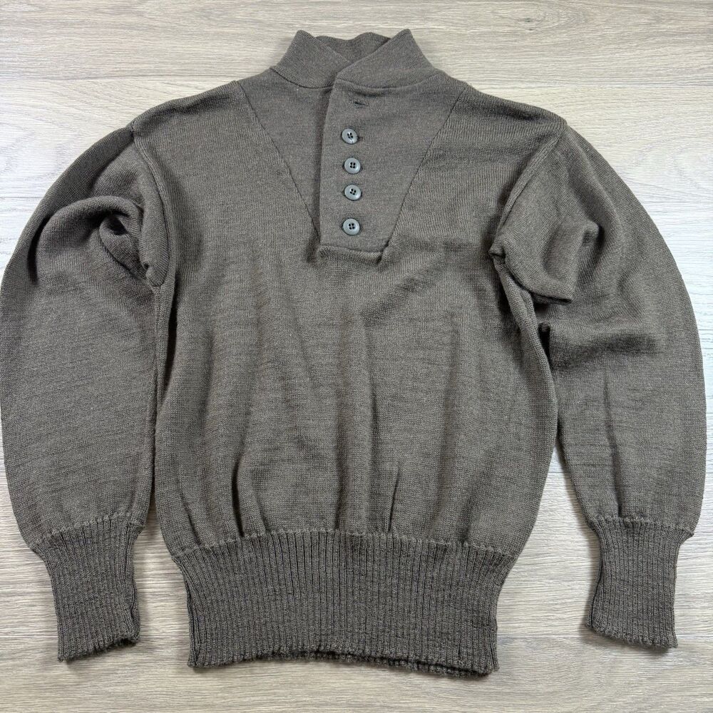 Vtg Sweater Large 80s Army USGI Five Button Wool Henley Field OD Brown